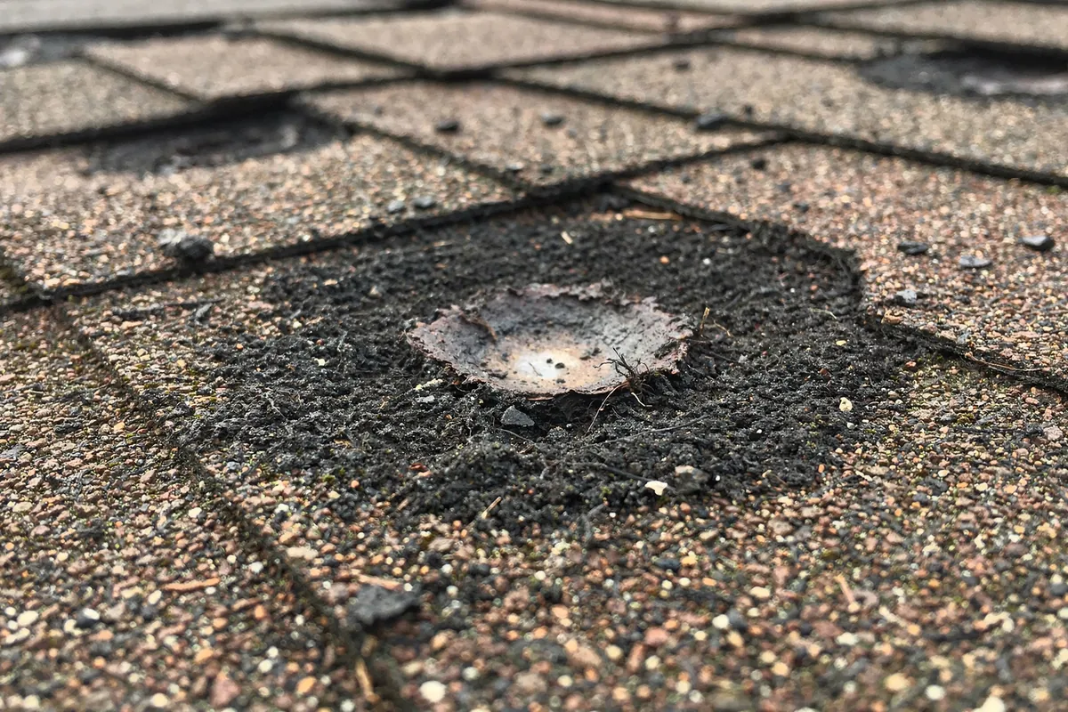 Round impact craters on grey asphalt shingles with the granules gone and the dark mat opened up.