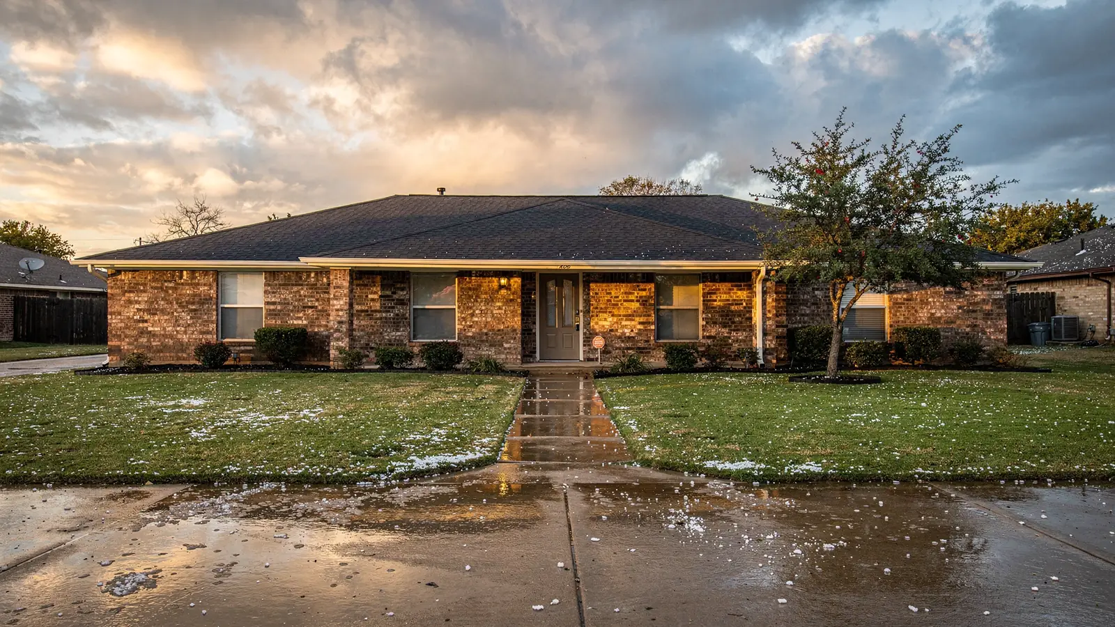 A brick ranch house with a low pitched grey shingle roof under a clearing storm, live oak beside it.